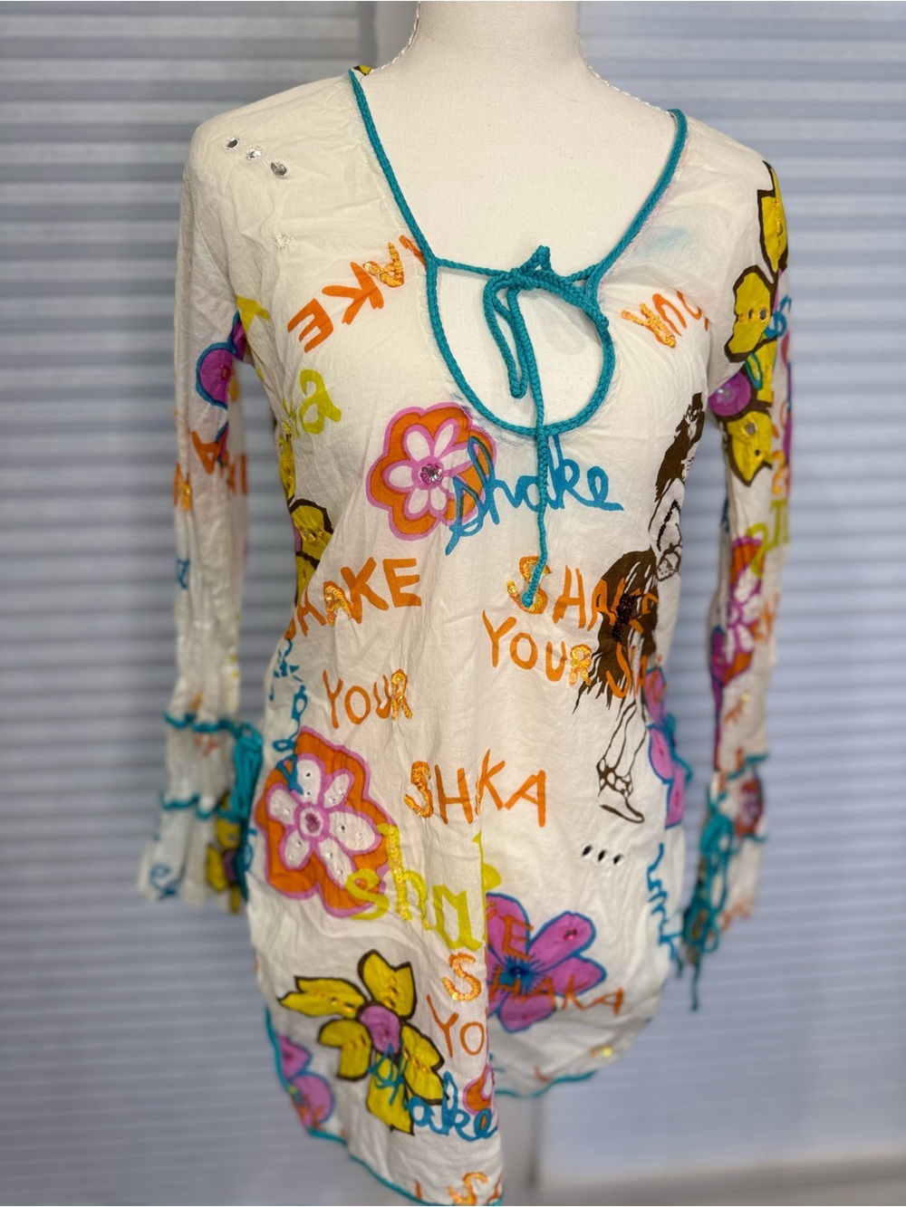 Vintage Letarte White Multicolor Floral Tie-Neck Tunic 1302
